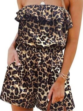 LEANI Leopard Print Off Shoulder Ruffle Romper Size Large